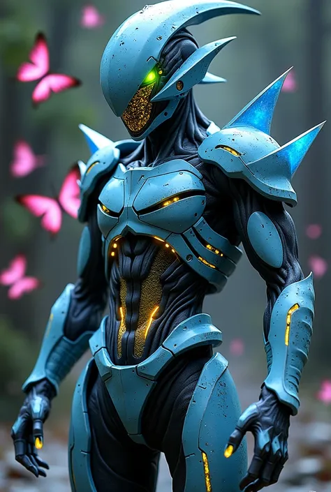 Replica of a warrior in a very realistic bio-based blue-white shark armor inspired by Guyvers aesthetic. This character features elaborate biomechanical armor with glowing yellow and blue sparkles, sharp blade-like protrusions on the arms, and a helmet. Sl...