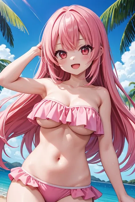 1 girl, anime screencap,score_anime, best quality, masterpiece, ultra high res, cute, shiny skin, bandeau bikini, strapless, pink costume, (navel:1.2), midriff, bare stomach, underboob, huge breasts, long hair,  pink hair, red eyes, smile, open mouth, rive...