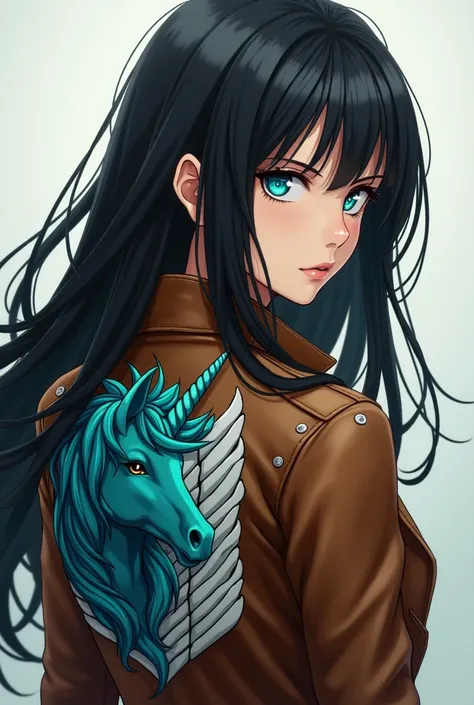 female, Brown leather jacket with a turquoise unicorn head on a white crest on the back,  black hair ,  blue eyes  (anime Attack on Titan art style)
