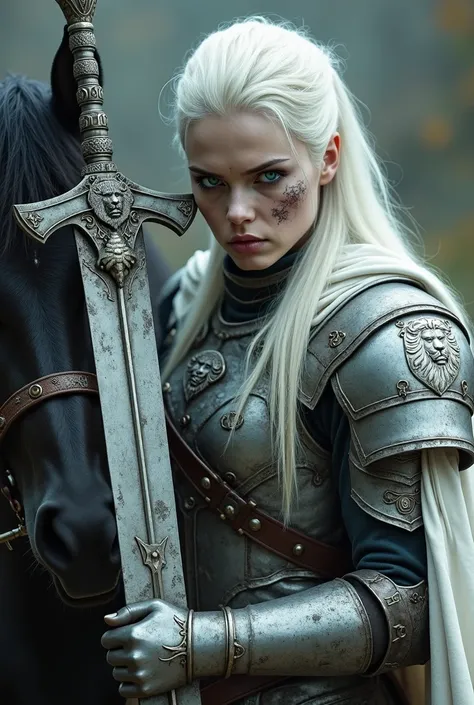  A frightening warrior wearing iron armor and white cape on her back , the warrior is holding an enormous double-edged sword with the badge of a white lion, her face has scars and cuts of war , her hair is white up to her shoulders and her eyes are of two ...