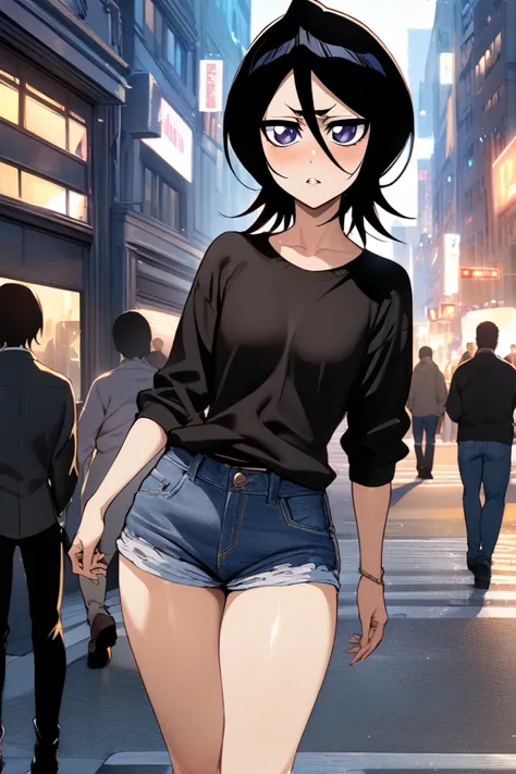 NSFW,masterpiece, top quality , high definition , very detailed, Kuchiki Rukia (BLEACH), short hair, black hair、 hair between eyes, Casual , Denim Shorts,bustling street,blush