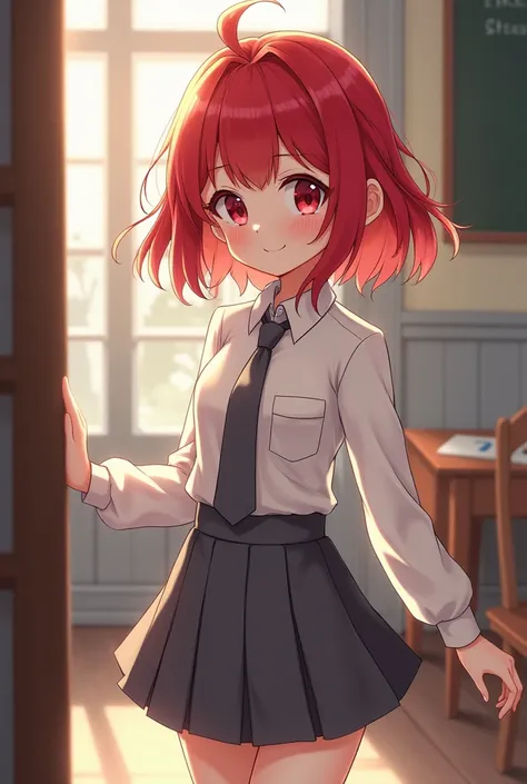 1cute girl, british, red hair,red eyes, Long hair, straight hair,,White short shirt, gray tie, gray short skirt, bangs, Short body,ultra detail, ultra HD, masterpiece,smile,School environment