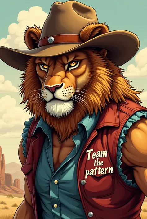 A cowboy lion with a beard in anime with a vest that says Team the pattern 