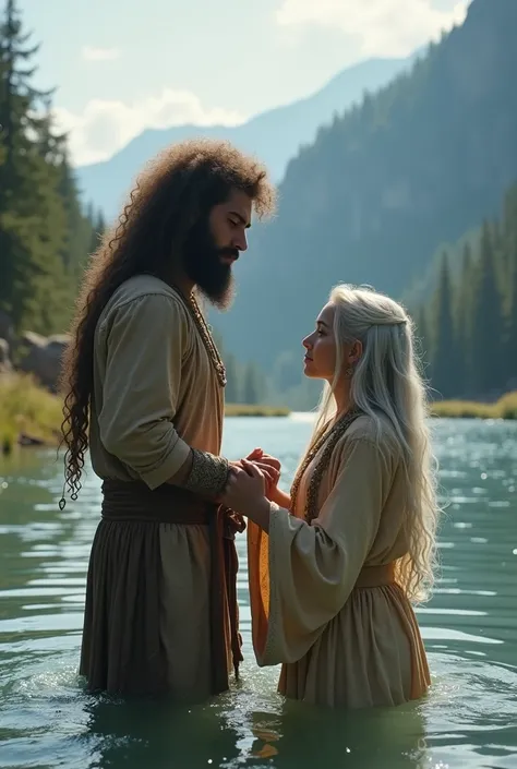 Tall handsome man with a curly white complexion with brown eyes and beard ,  baptizes in a big river in the background there are mountains and creatures of the forest the girl is half submerged in the river with a boy with very long and frizzy hair, The ha...