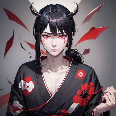 Alone,1 male, Anime Portrait, blue-white skin,  black hair,  Side Part Bang,Age 35, low ponytail, Long, hanging eye,Sharp Eye, red eyes, Black and grey outfit,  Japanese Kimono,I have a mask of Hannya in my hand,Nihilistic smile, mysterious,Tsukimi Sake, s...