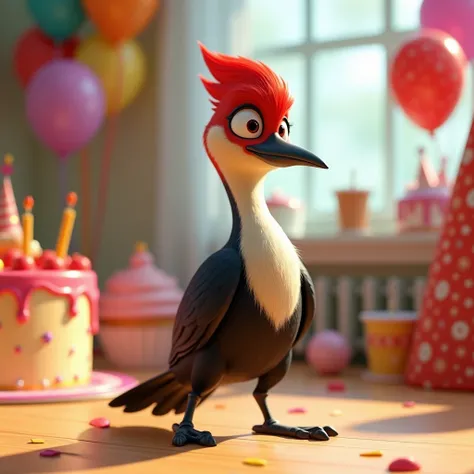 Create a cartoon-style woodpecker ( slender full body , Black-feathered ,  white-breasted and red-headed) in 3D Pixar style at a birthday party with bladders in the background on the side of a red cake