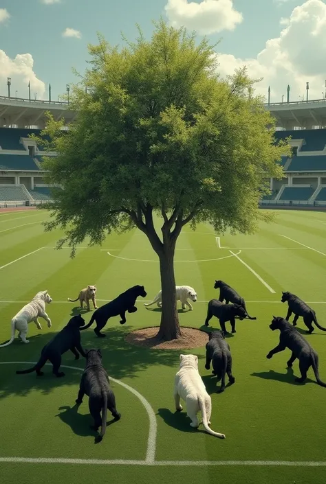 
“In the football field, there are 12 panther tigers playing football together. Eleven of them are black, and one is white. They are surrounding a mimosa tree in the center of the field. Each panther tiger appears to be either playing football or competing...