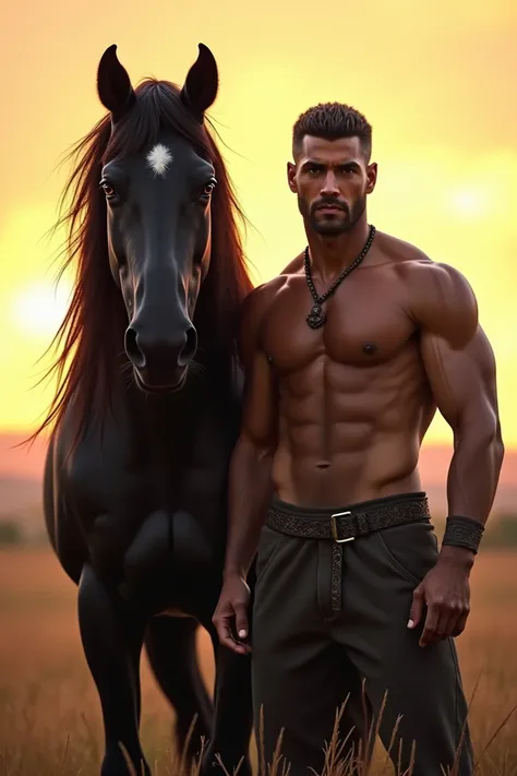 " A tall, muscular man stands next to a gleaming black horse.  The horse has expressive eyes and its long mane wobbles in the wind . Both are positioned on an open field at dusk , radiating strength and elegance ."