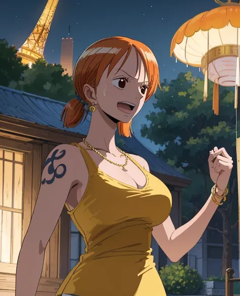  ( top quality , 4K, 8k,  high definition , masterpiece:1.2),  super detailed , ( realistic , photo realistic , photo- realistic :1.37) , Official Art , drawn in anime style , Nami in One Piece,Beautiful pale orange hair,Chignon, braids, Dominant Smile ,sm...