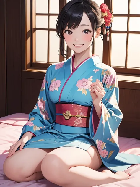 Masterpiece, high resolution, 1 girl, alone, full body, female, bright smile, blush, medium bust, skinny, realistic, 20s,Long-sleeved kimono,Japanese Coming of Age Ceremony,Colorful costumes,Flower patterned kimono,Cowboy Shot,Fancy costumes,Sit on the bed