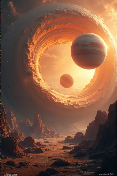 Arafed view of a planet with a spiral-shaped disk in the sky, planetas colidindo, Dois planetas colidindo, planetas flutuantes, planet with rings, Sunset on the distant planet of the machine, paisagem do planeta, Planets in orbit, mundo fractal, planets in...