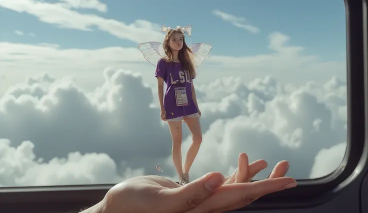 a beautiful, sweet Korean idol female fairy, small in stature, wearing a purple t-shirt that says "LSU", and she wears an ID card that is tied with a red landyard rope, because her fairy female body is small so she is standing in the palm of a mans hand, b...