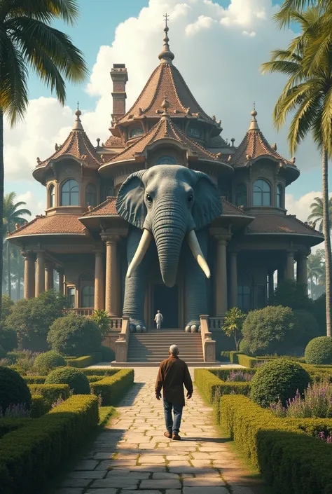 there is a man walking in front of a large house with an elephant statue, a detailed matte painting inspired by Mike Winkelmann, cg society contest winner, renaissance, realistic fantasy render, futuristic palace, 3 d render and matte painting, beautiful r...