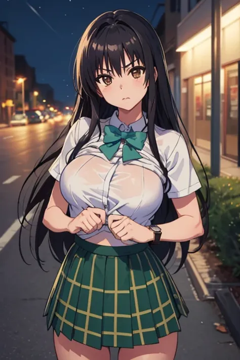 (((shirt lift)))),masterpiece,  top quality , defYui,  white shirt, Short sleeve,  green bow tie,   plaid miniskirt to make up for embarrassment,  Big Breasts ,  outdoors on the street at night, cityscape,  blue sky, Irritation,  Watch viewers,  cowboy sho...