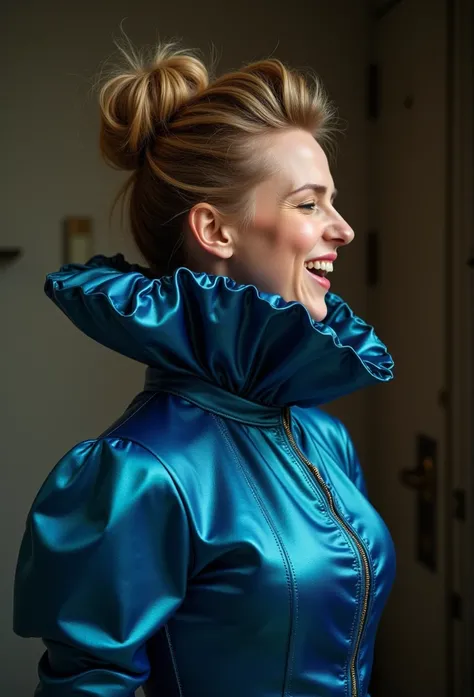 (realistic photograph close up sideways cheerful victorian), (a looking beautiful smiling woman having an orgasm with (messy hair bun)), (she is wearing (an exaggerated elaborate shiny blue high neck outfit with (huge puff sleeves), (and a narrow very high...