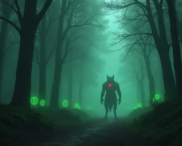 Thick fog envelops the ancient forest ,  where the trees are strewn with magic symbols emitting green light.  A four-legged creature with red flaming eyes stares at you from a distance .  A cursed sword hanging from your waist ,  offers tremendous power at...