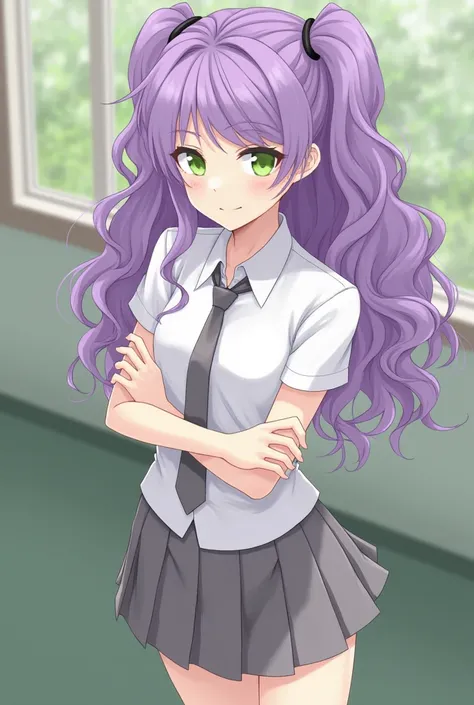 1 girl, british, purple hair,green eyes, Long hair,curly hair,Tied in two,,White short shirt, gray tie, gray mini skirt, bangs,Tight shirt, very short skirt ,ultra detail, ultra HD, masterpiece,School environment