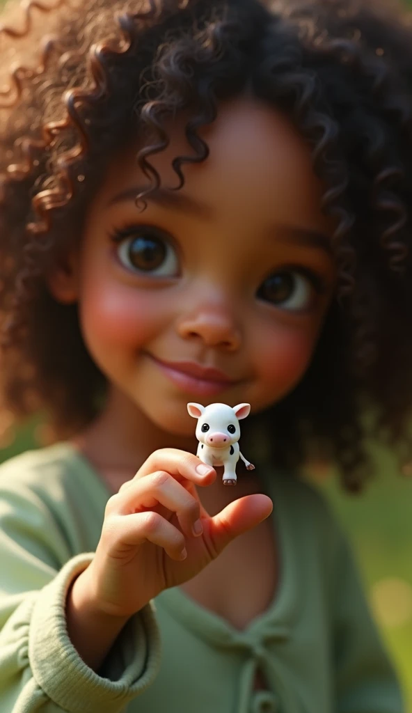  An ultra-realistic image of a dark-skinned  with curly brown hair and large, curious eyes,  wearing a soft green outfit with delicate details .  The  carefully holds the tip of their index finger , Where does a tiny cow rest ,  so small that it does not e...