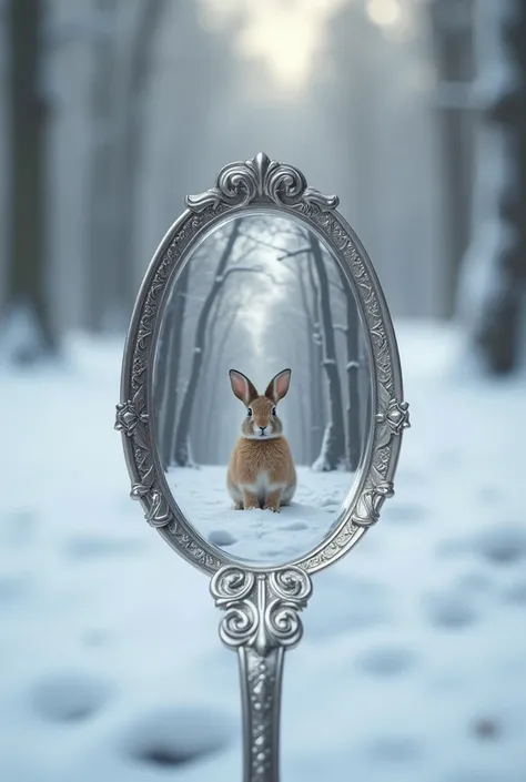 The scene of a rabbit in the snow is reflected on a beautiful antique spoon、Artistic、bright blur 