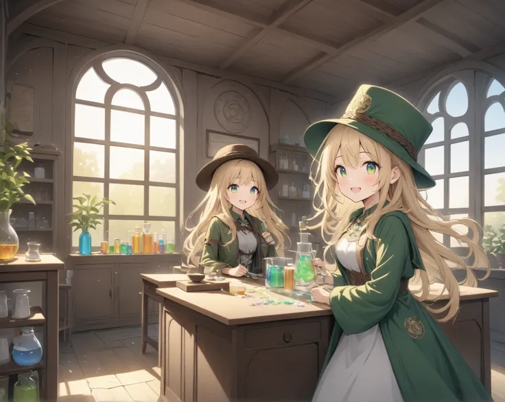  Alchemist Girl 、Alchemists Hat 、Alchemist Outfit、 depiction of mixing medicine in a beaker 、desk and table、Window in a room where the sun shines 、 works that look good with Celtic music、 fluffy works 、Warm colors are the base 