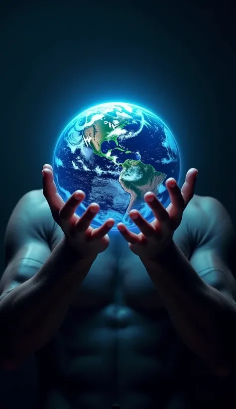 "Create a surreal and hyper-realistic image of the planet Earth being held gently by the muscular arms of a man. The planet is the central focus, glowing with an ethereal blue light that illuminates the scene. The mans arms are strong and detailed, with vi...