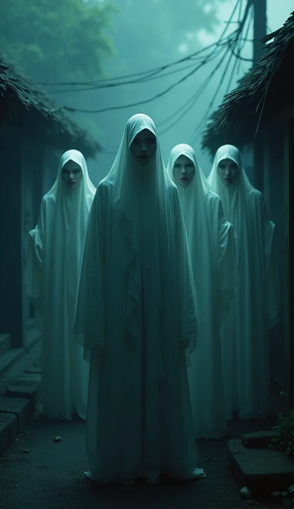 five handsome ghosts cool looking Indonesian faces background dark night village Professional living  , 4k, HD, UHD, 8K,  High detail ,         ultra definition