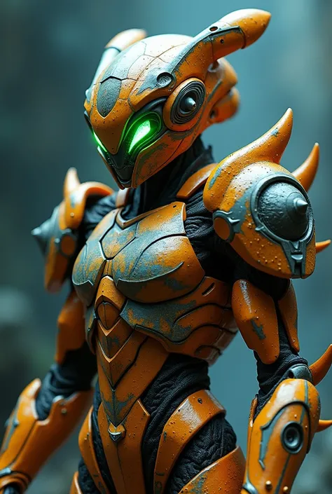 Replica of a warrior in a very realistic bio-based orange-white sea crab armor inspired by Guyvers aesthetic. This character features elaborate biomechanical armor with glowing yellow and blue sparkles, sharp blade-like protrusions on the arms, and a helme...