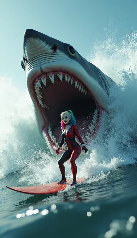 "A giant shark rising out of the water, its jaws wide open, heading towards Harley Quinn, who is still on her surfboard, surrounded by splashing water."