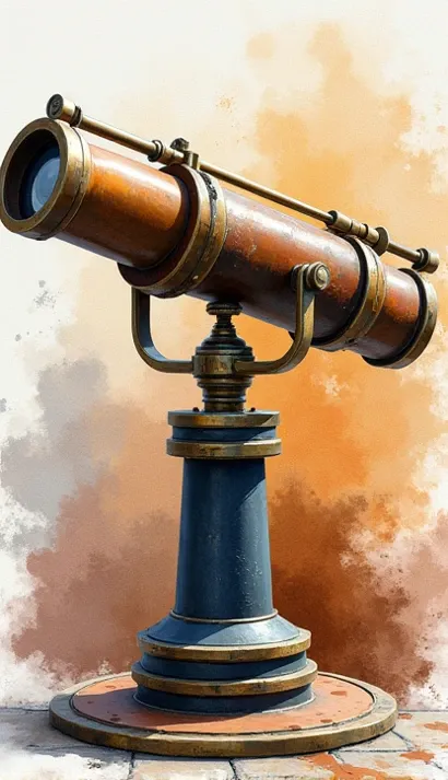 A masterpiece in terms of excellent quality. A naturalistic image of an old folding manual field military telescope. Watercolor style, abstract background, with splashes of color and a high contrast effect that is clearly visible on the canvas.