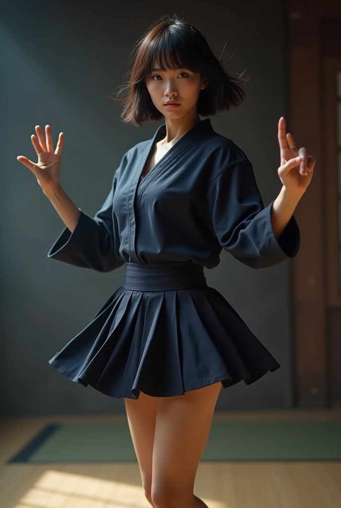 (8K, Raw photo, image quality, table top: 1.2), (realistic, Photoreal: 1.37), realistic depiction. A Japanese woman is wearing a sailor uniform of navy blue and other colors. She is wearing a slightly long pleated skirt of the same color as the uniform ove...