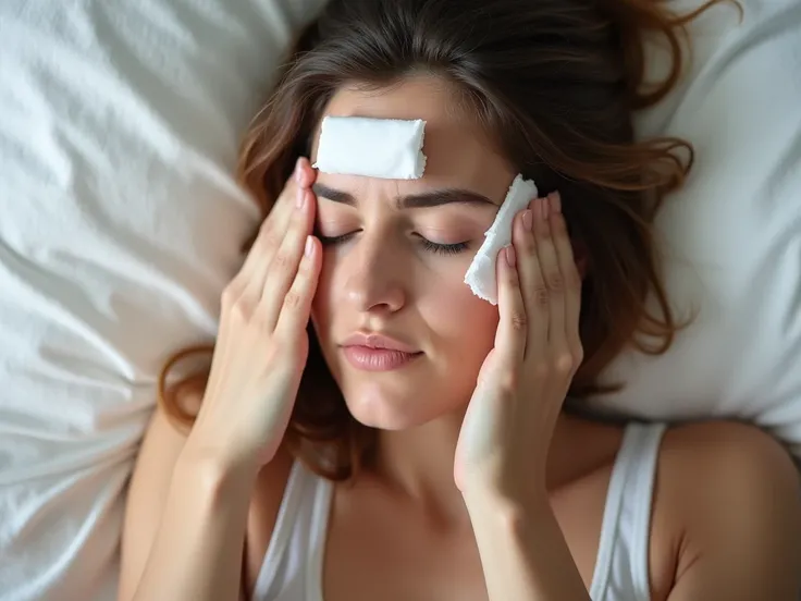 The image shows a woman resting with a cold compress on her forehead, apparently suffering from a fever. This is relevant to the article on typhoid, as fever is one of the main symptoms of typhoid to look out for. This image also illustrates simple steps s...