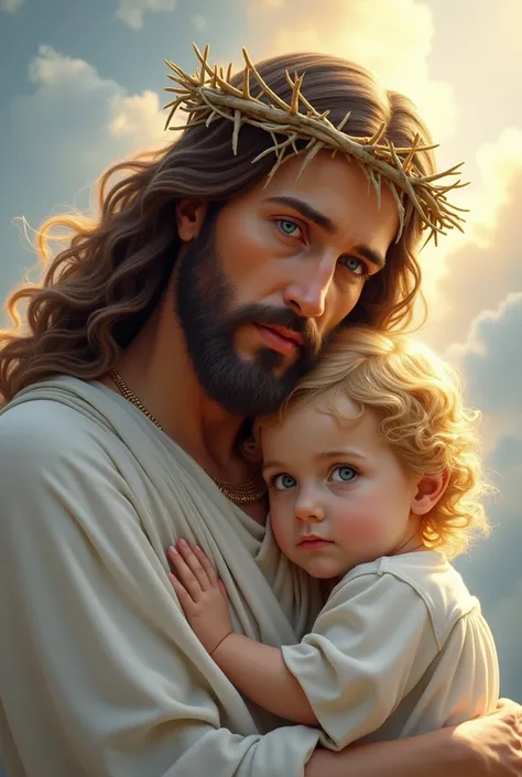 "An artistic depiction of Jesus Christ with a serene expression and blue eyes glowing with spiritual depth. He has a meticulously detailed beard, with well-defined and textured strands, and a finely crafted crown of thorns, identical to the one he wore on ...