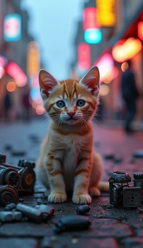 Realistic. Photorealistic. Image is vibrantly colored.
Photo,Highly detailed

There are many small scraps of machinery, and a kitten is sitting next to them.

The background is a daytime city, with neon lights fading in the distance.