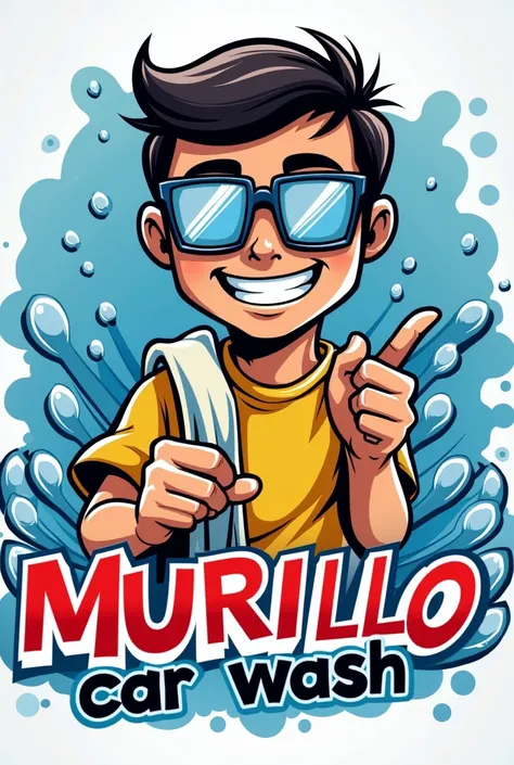  Logo of a car wash with the word MURILLO , Colors blue red yellow white and black, Water, soap bubbles, a person with square lenses,  the person pointing to the letter murillo , on the persons shoulder a cloth ,  at the bottom the word -car wash- , Subrea...