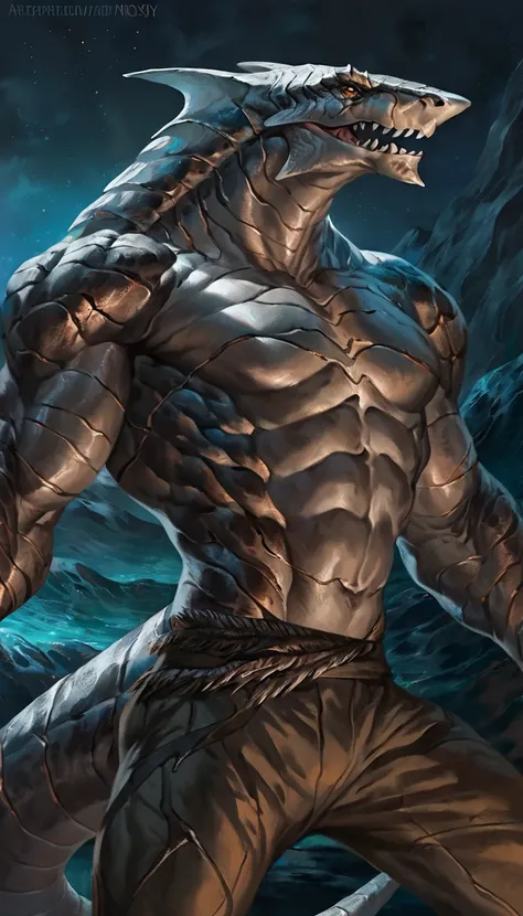 Muscular monster shark, solo, body made of steel, strong, metallic scales, scars on body, 1male solo,feral, muscular, small waist, thick tail, thick scales on the shoulders, marked detailed jaws, open jaws big pecs, pants, full body, comicbook style, best ...