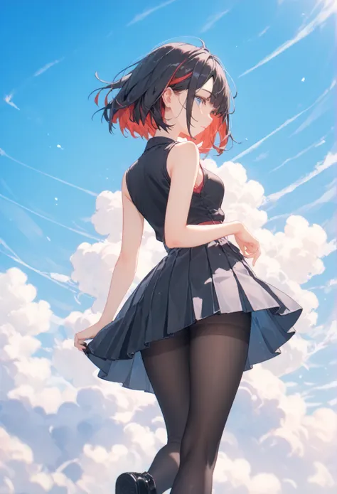 1girl,solo,black hair,multicolored hair, red hair,bob cut,blue eyes,black tops,sleeveless,pleated skirt,mini skirt,pantyhose,black shoes,blue sky,clear sky,from back
