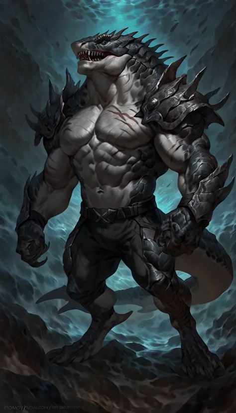 Muscular monster shark, solo, body made of steel, strong, metallic scales, scars on body, 1male solo,feral, muscular, small waist, thick tail, thick scales on the shoulders, marked detailed jaws, open jaws big pecs, pants, full body, comicbook style, best ...