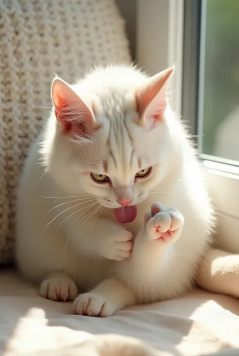 The white cat was licking its legs