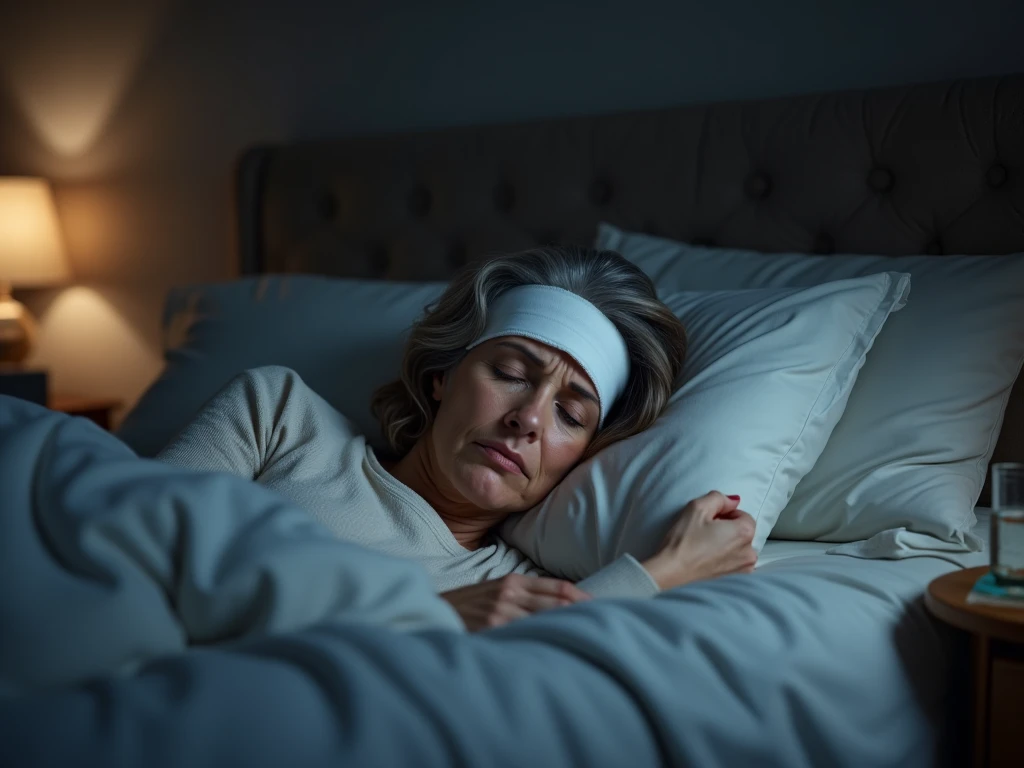 The image shows a woman resting with a cold compress on her forehead, apparently suffering from a fever. 