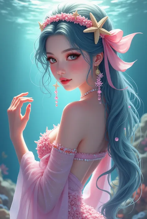  A detailed illustration of a mermaid with a beautiful face like a Korean girl .   Its charming pink tail ,  with a texture that glitters like a rainbow jewel ,  creates a shimmering effect under the sea .  Her long, shiny hair is tied immaculate with a ba...