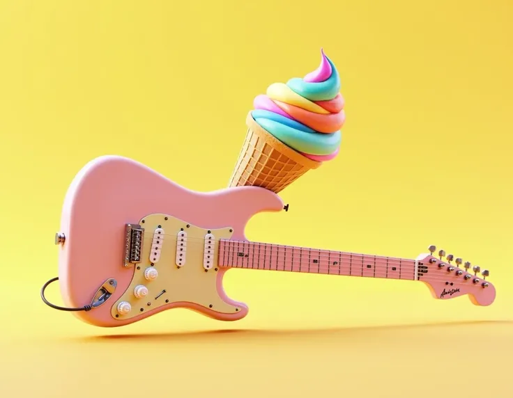 A hyperrealistic fusion of an electric guitar and an ice cream cone, inspired by a fresh, vibrant concept. The ice cream cone serves as the guitar body, with a multicolored rainbow swirl of ice cream as the top. Guitar strings elegantly stretch over the co...