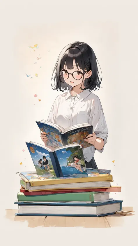 Black hair, glasses, reads picture books