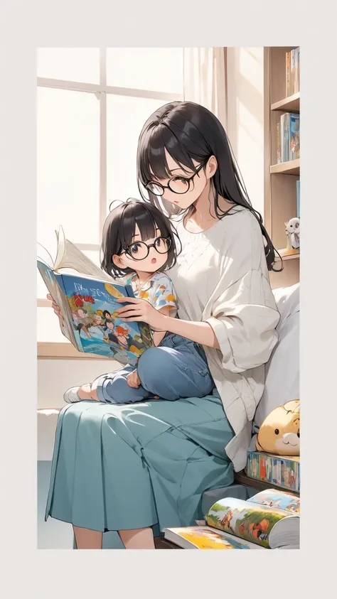 Black hair, glasses, reads picture books