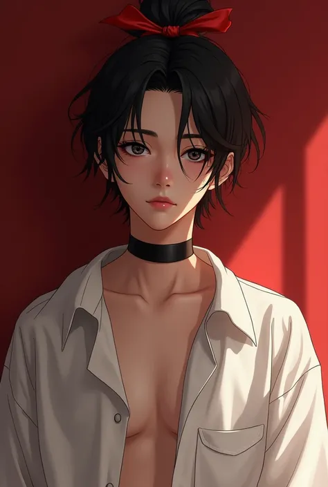 Young black hair Male soft, delicate body wearing only a buttonedup extra baggy, (Shirt long up to thigh) very big white shirt. shirt is long upto thighs. Chest covered. Shirt buttoned up. Collar bones can be seen. Cute and sexy realistic. thick bondage (b...