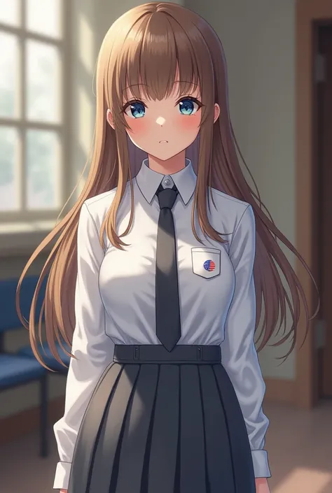 1 girl, british, light brown  hair, blue eyes, long hair, straight hair,White short shirt, gray tie, gray short skirt, bangs,big breast,ultra detail, ultra HD, masterpiece,School environment