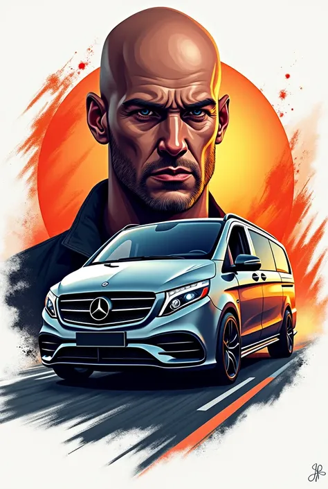 Create a logo for a fast and furious style driver site and use a bald man and a Mercedes Vito as a template