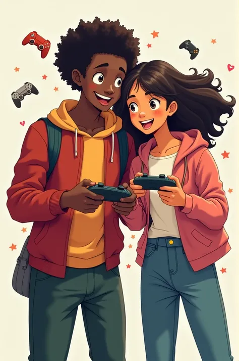 An anime image of an African-American couple. The boy is black,with an afro-like hairstyle and he is a gamer and the girl is also black and she is a gamer too
