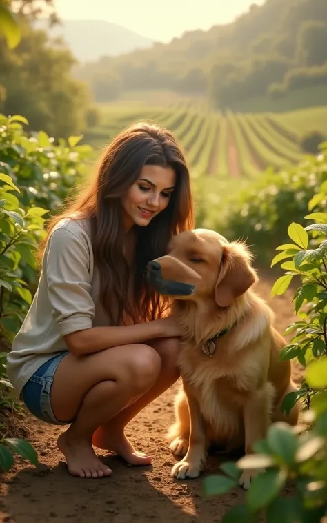 Lizandra, a young woman with long brown hair, wears a white shirt and jean shorts, (inspired by Victoria Justice). She is crouched down next to a golden retriever.  In the background, a colonial farm with rows of coffee plantations.