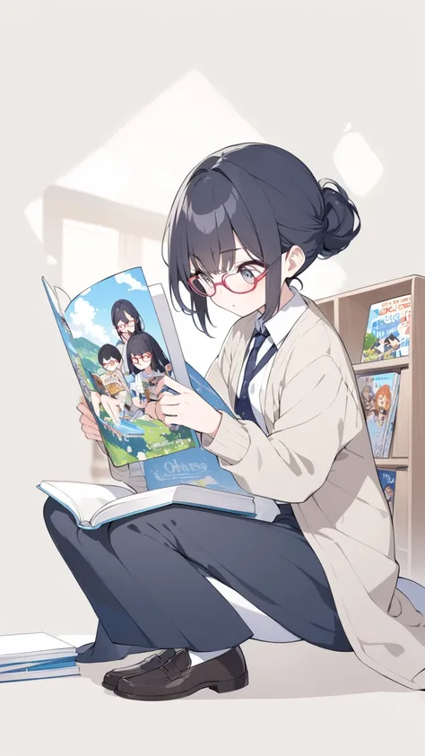 Black hair, glasses, reads picture books