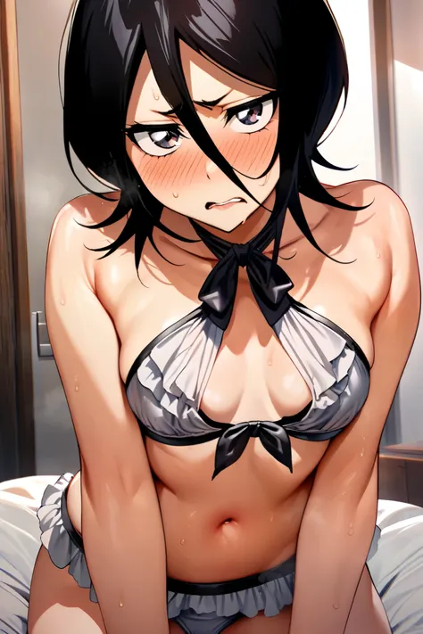 NSFW,masterpiece, top quality , high definition , very detailed, Kuchiki Rukia (BLEACH), short hair, black hair、 hair between eyes,Halterneck bikini, frill bikini,Embarrassed,blush